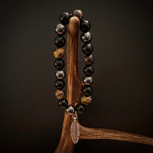*À DÉCOUVRIR! Bracelet unisex «Triple protection» en pierres naturelles. Oeil de tigre, Hématite et Obsidienne. *BIEN LIRE DES*(Livraison incluse)