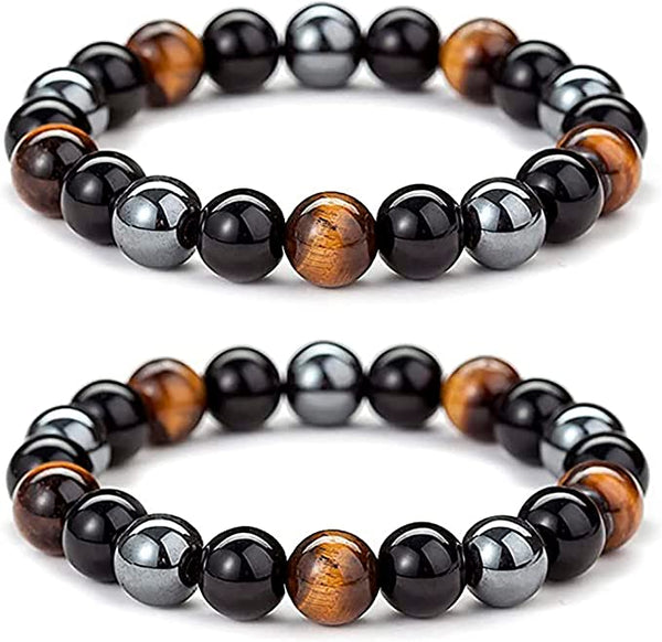 *À DÉCOUVRIR! Bracelet unisex «Triple protection» en pierres naturelles. Oeil de tigre, Hématite et Obsidienne. *BIEN LIRE DES*(Livraison incluse)