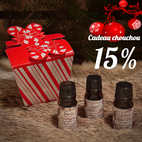 Trio d'huile parfumé SEQUOIA PRÊTE À OFFRIR DANS SA JOLIE BOITE CADEAU. + cadeau avec achat, carte de souhaits de Noë. SANS TAXES (Voir description complète)l