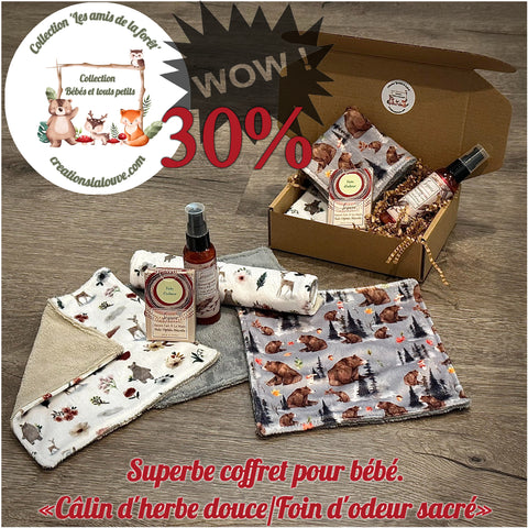 **Coffret pour bébé «Câlin d'herbe douce/Foin d'odeur» Pour la peau fragile de bébé. Sequoia, produits 100% autochtones du Québec(Voir description)