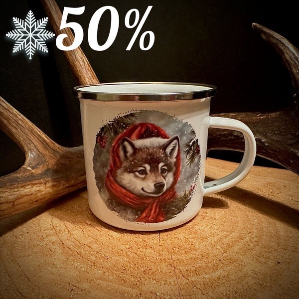 Tasse en émaille de qualité 'La louve au chaperon rouge'. Images des 2 côtés de la tasse.