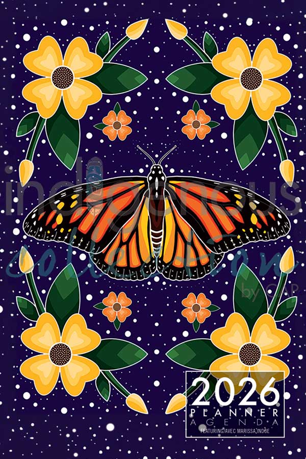 AGENDA hebdomadaire, anglais/français. -Papillon Monarque- ARTISTE. Indoe, Marissa *L'artiste ou le titulaire des droits d'auteur a perçu des redevances pour la vente de ce produit. Conçu au Canada.