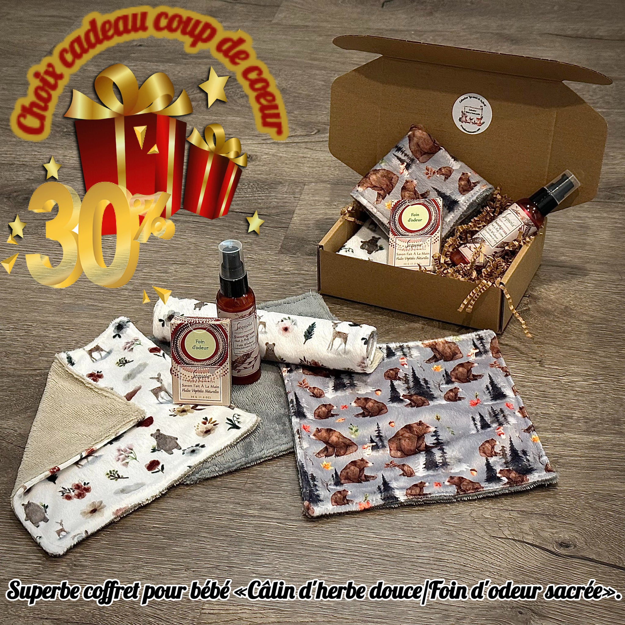 **Coffret pour bébé «Câlin d'herbe douce/Foin d'odeur» Pour la peau fragile de bébé. Sequoia, produits 100% autochtones du Québec(Voir description)