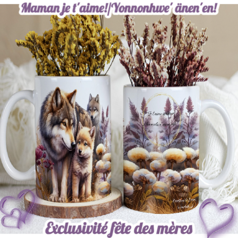 *EXCLUSIVITÉ FÊTE DES MÈRES.* Tasse en céramique où il est inscrit: ('Maman je t'aime!/Yonnonhwe' änen'en!) Français et langue Wendat. QUANTITÉ LIMITÉ! SANS TAXES!