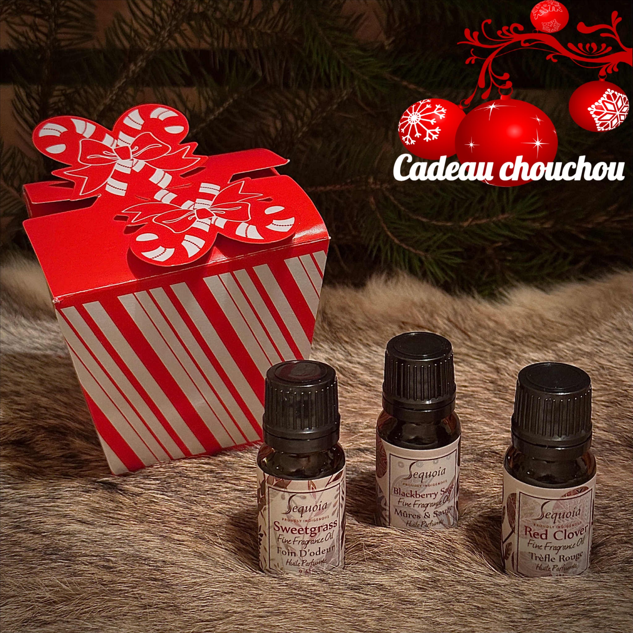 Trio d'huile parfumé SEQUOIA PRÊTE À OFFRIR DANS SA JOLIE BOITE CADEAU. + cadeau avec achat, carte de souhaits de Noë. SANS TAXES (Voir description complète)l