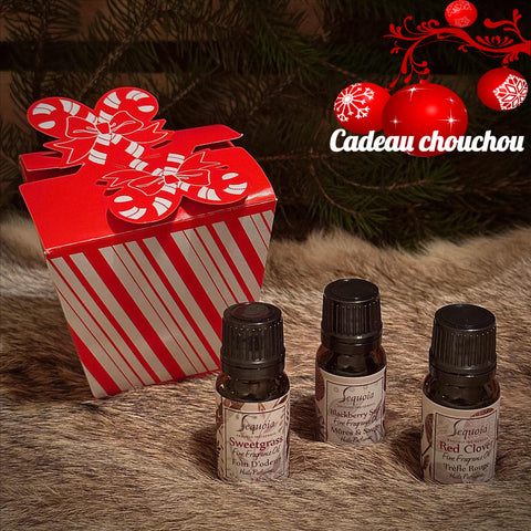Trio d'huile parfumé SEQUOIA PRÊTE À OFFRIR DANS SA JOLIE BOITE CADEAU. + cadeau avec achat, carte de souhaits de Noë. SANS TAXES (Voir description complète)l