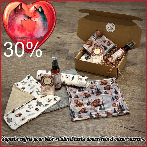 **Coffret pour bébé «Câlin d'herbe douce/Foin d'odeur» Pour la peau fragile de bébé. Sequoia, produits 100% autochtones du Québec(Voir description)