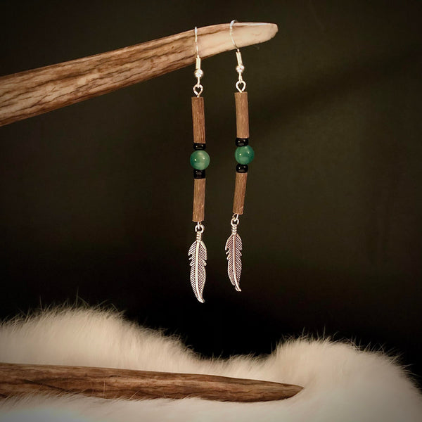 Ensemble Boucles bracelet et d'oreilles bois de noisetier et perle ronde agate verte véritable, (LIVRAISON INCLUSE DANS LE PRIX)