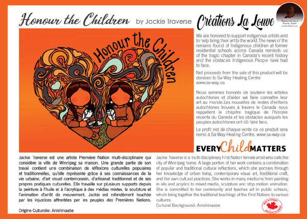 Carte de souhaits « Honorer les enfants ».  'Collection ORANGE 'Chaque enfant compte'. Artiste autochtone, Jackie Traverse. *AU PROFIT DES VICTIMES DES PENSIONNATS DE L'HORREUR.* (Livraison gratuite)